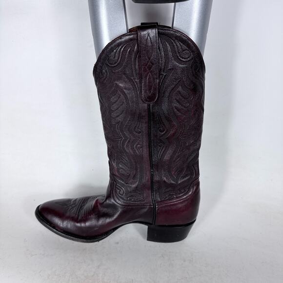 Vintage Larry Mahan Cowboy Boots Men\'s 9 Maroon Leather Embroidered Western